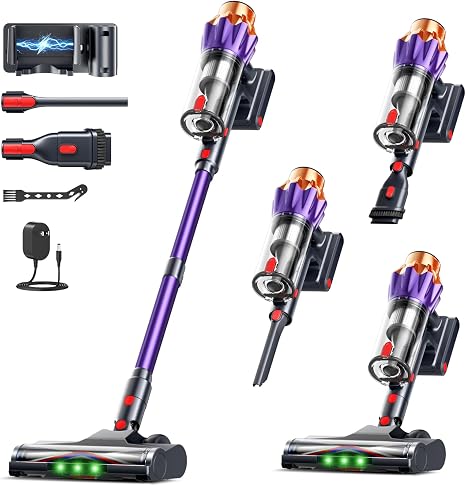 Cordless Vacuum Cleaner for Home, 600W/50KPa Powerful Suction, 60Mins Self-Standing Stick Vacuum with Anti-Tangle Brush 