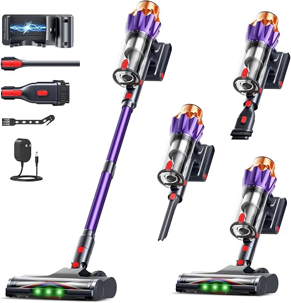 Cordless Vacuum Cleaner for Home, 600W/50KPa Powerful Suction, 60Mins Self-Standing Stick Vacuum with Anti-Tangle Brush 
