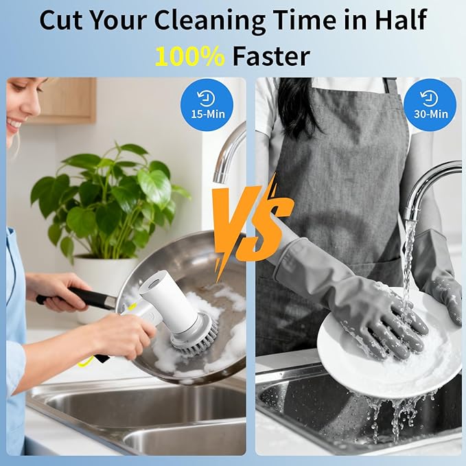 3000mAh Cordless Electric Spin Scrubber, 20W High-Torque IPX7 Waterproof Cleaning Brush with 6 Replaceable Heads, Dual Speed 150-180 Mins Runtime for Kitchen Bathroom Car