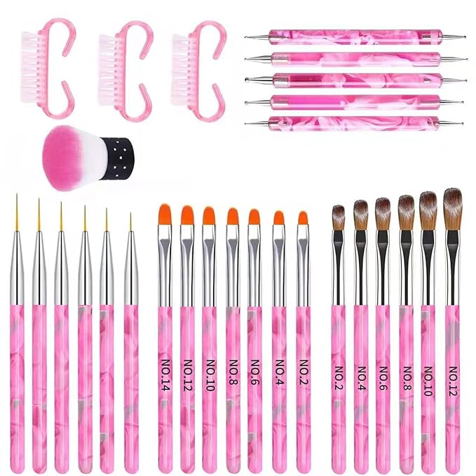 28Pcs Pink Nail Art Brush Set, Manicure Tool Kit with Acrylic Nail Brush, Builder Gel Brushes, Cuticle Brush, Dust Brush, Dotting & Liner Tool for Acrylic Powder Application, Sculpting & Cleaning