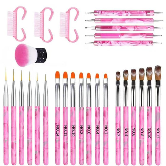28Pcs Pink Nail Art Brush Set, Manicure Tool Kit with Acrylic Nail Brush, Builder Gel Brushes, Cuticle Brush, Dust Brush, Dotting & Liner Tool for Acrylic Powder Application, Sculpting & Cleaning
