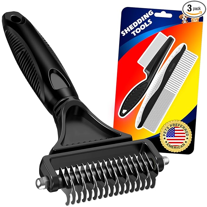 3PCS Pet Grooming Rake & Metal Comb & Flea Comb for Cats and Dogs, Double-Sided Dematting Tool, Extra-Wide Deshedding Dog Brush for Long Hair to Effectively Remove Tangles, Knots and Mats (Black)