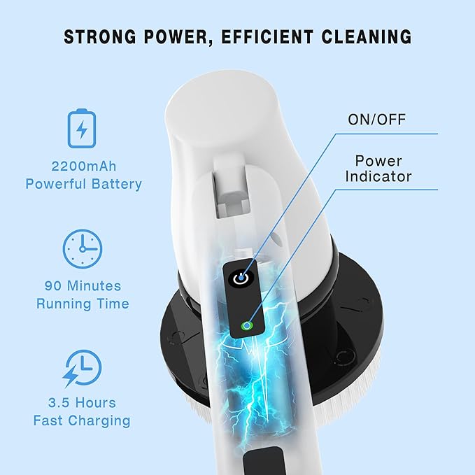 KEROMEE Electric Spin Scrubber Cordless Cleaning Brush with 7 Replaceable Brush Heads & Adjustable Extension Handle, 2 Speed Power Shower Scrubber for Bathroom, Tub, Tile, Floor (White)