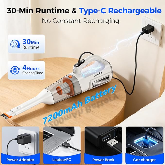 Heapsion Handheld Vacuum Cleaner Cordless, 7000Pa Suction, Portable Pet Hair Vacuum, 30-Min Runtime Rechargeable Type-C, Lightweight with Telescopic Tube for Car, Home & Office, with Telescopic Tube