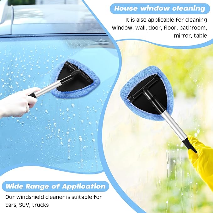 Potchen 8 Pcs Car Windshield Cleaner Tool Kit with Extendable Handle, Microfiber Towel Pads, Brush, Empty Spray Bottle for Auto Glass Wiper Suvs Rvs & Home Windows(Light Blue)