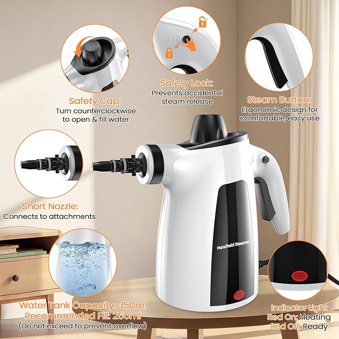 LABIGO Steam Cleaner, Pressurized Handheld Multi-Surface Natural Steam Cleaner with 12pcs Accessory & Safety Lock, Portable Steamer for Cleaning Home, Kitchen, Bathroom, Car, Upholstery, Grout, Window