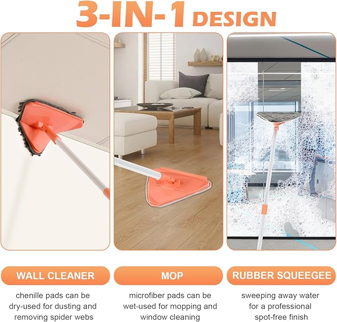 Wall Cleaner Triangle Mop with 82'' Long Handle - Wall Scrubber, Cleaning Washer Tool with 4 Microfiber Chenille Duster Pads for Clean Walls, Ceiling, Windows, Baseboards, Floors (Orange, 4 Pads)