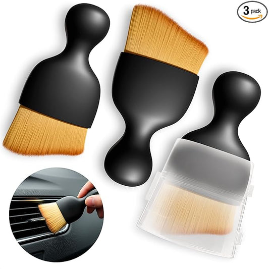 3Pcs Auto Detailing Brushes Set – 2.29" x 3.98" Car Cleaning Brush Interior with Curved Soft Nylon Bristles, Waterproof Plastic Handle, Transparent Storage Case - for Dashboard, AC Vents & Console