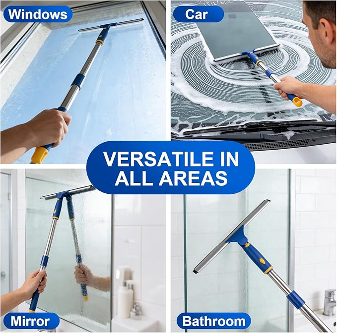 ITTAR 14-Inch Shower Squeegee for Glass Doors, Swivel Window Squeegee with Extension Pole, Adjustable Bathroom Squeegee for Shower Doors Mirror Windows Glass Car Windshield-1 Extra Rubber Blade