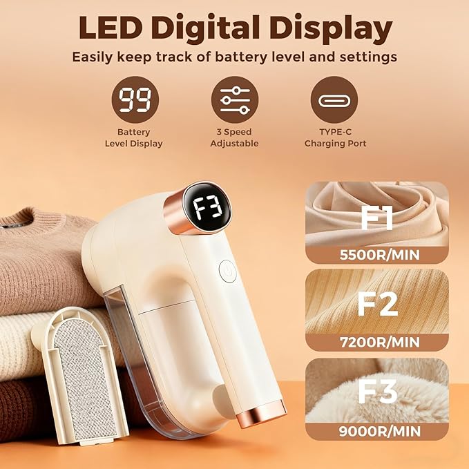 Fabric Shaver, Lint Shaver with Lint Brush, 3-Speed Sweater Shaver to Remove Pilling for Clothing, 6 Leaf Blade, LED Display, Electric Lint Remover for Furniture, Blanket, Couch (Beige)