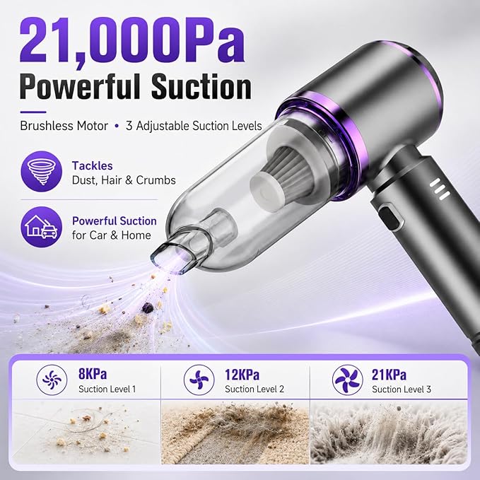 Cordless Handheld Car Vacuum, 21000Pa High Power Mini Portable Vacuum & Air Duster, Brushless Motor with HEPA Filter, 7-in-1 Cleaning Kit for Car, Home and Pet Hair