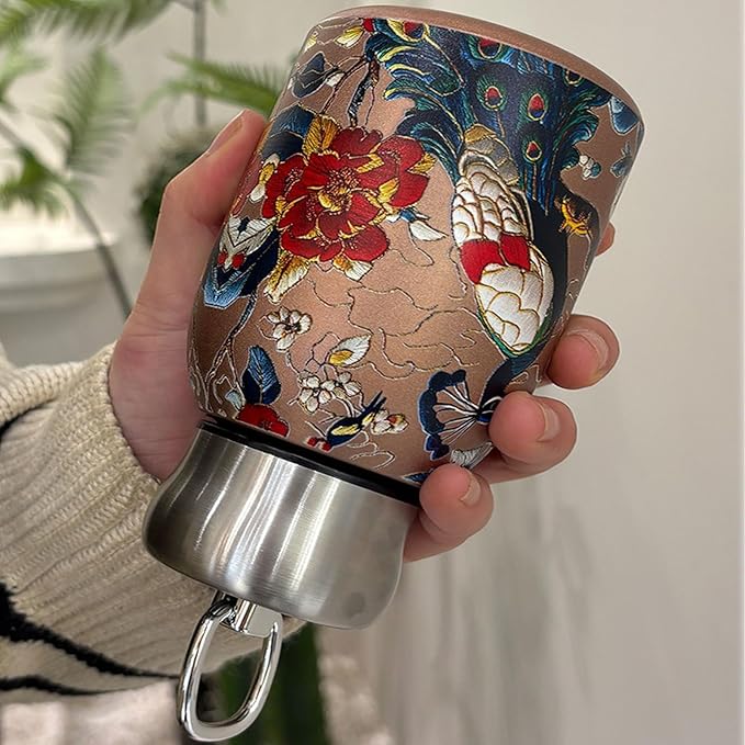 Mini Stainless Steel Thermal Bottle Small Vacuum Insulated Water Bottle, Portable Leakproof Sport Tumbler Cup Hot and Cold Travel Mug 10 oz (GoldPeacock)