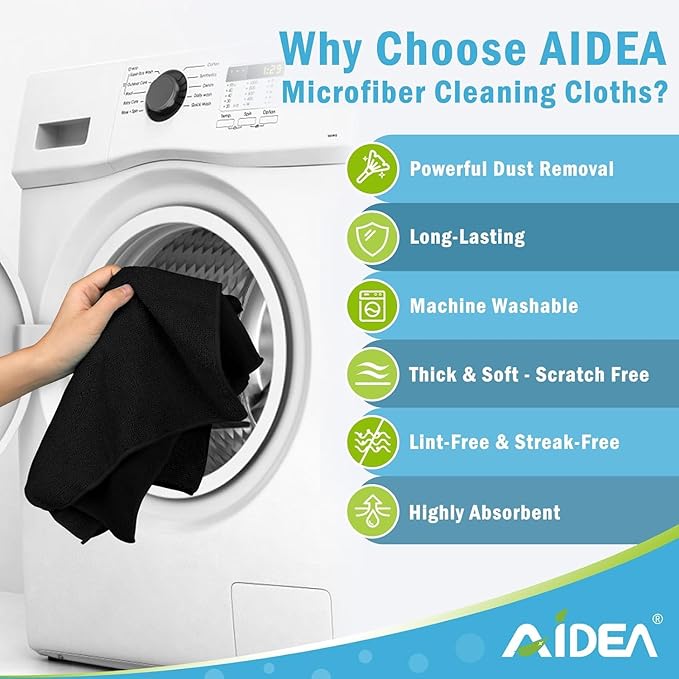 AIDEA Microfiber Cleaning Cloth-800PK, Soft Microfiber Towels for Cars, Absorbent Cleaning Rags, Lint-Free Streak-Free Wash Cloths for House, Kitchen, Window(12in.x12in), Black