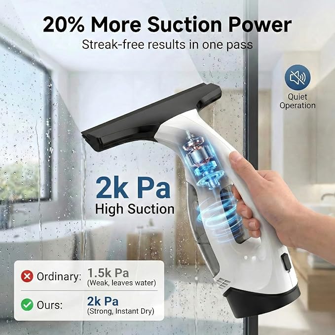 Electric Window Vacuum Squeegee, 2200mAh & 2000Pa Cordless Window Cleaner Tool with 150ml Water Collection Tank, Window Cleaning Kit for Shower Glass, Car, Door, Mirror, Home