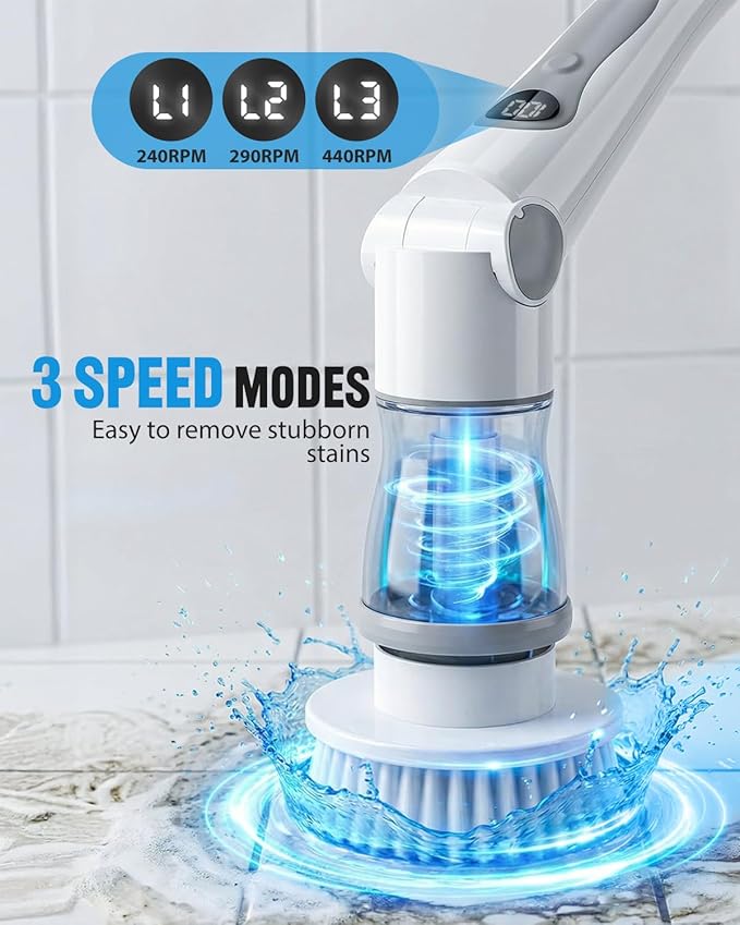 Cordless Electric Spin Scrubber, 4 Angles with 8 Replaceable Brush Heads, Adjustable Handle 3 Speeds with LED Display-90Mins Runtime, IPX7 Waterproof Scrubber Cleaner Brush for Bathtub Bathroom