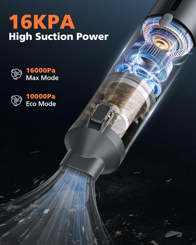 Car Vacuum Portable with 16000Pa Powerful Suction, Handheld Vacuum Cordless Rechargeable Blow & Suction 4 in 1, Small Vacuum Cleaner for Car, Home, Office, Outdoor (Grey)