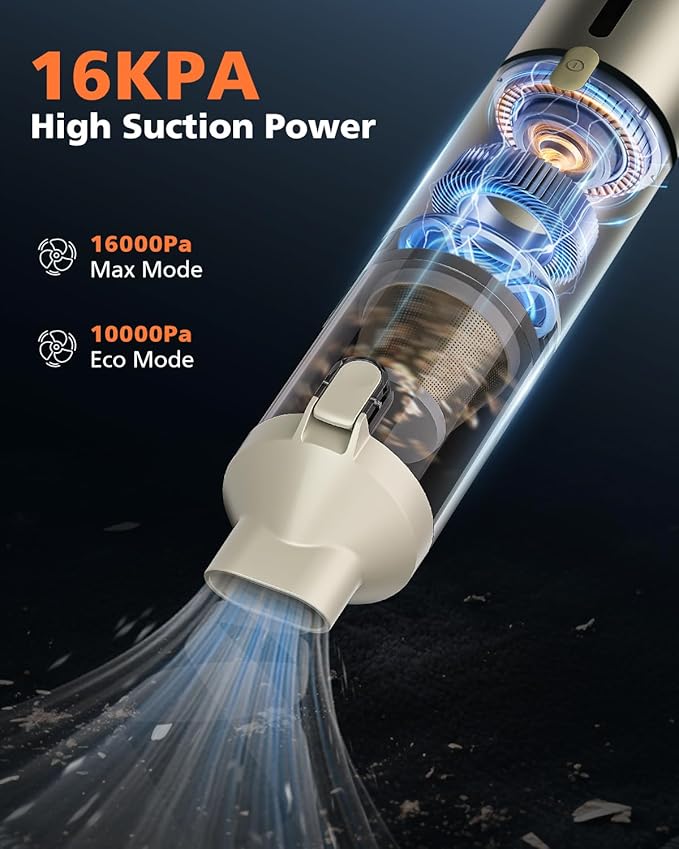 Car Vacuum Portable with 16000Pa Powerful Suction, Handheld Vacuum Cordless Rechargeable Blow & Suction 4 in 1, Small Vacuum Cleaner for Car, Outdoor, Home, Office (Gold Renew)