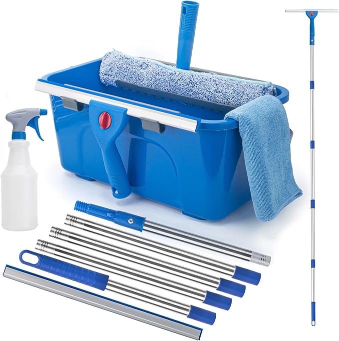 Window Cleaning Kit for Home and Commercial Use, 6 Ft Long Handle Professional Glasses Cleaner Squeegee with 3 Gallon Bucket and Spray Bottle and Scrubber, Car Windshield Washing Tool