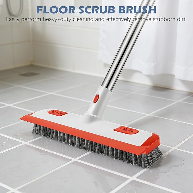 SetSail 4-in-1 Tile Tub Floor Scrubber with 52-inch Adjustable Long Handle Shower Cleaner Brush Comes with Floor Scrub Brush and 3 Replacement Brush Heads for Cleaning Bathroom Tub Tile, Orange