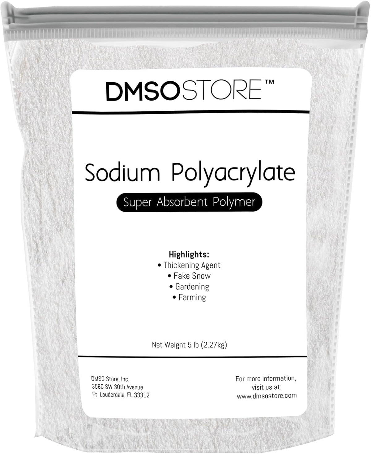 Sodium Polyacrylate 5 lbs. Super water Absorbent Polymer for making instant fake snow cleaning spills, as a thickening agent and ice packs. Abosrbs over 1000 times its own weight with water.