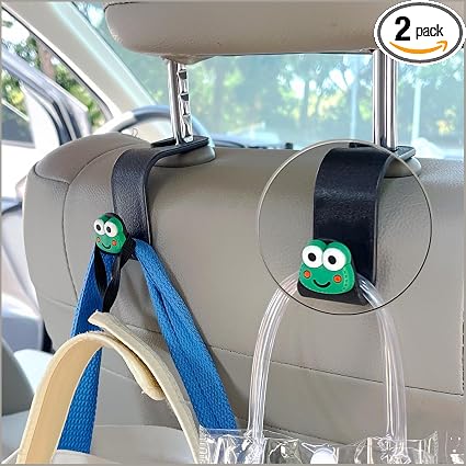 2 Pack Car Headrest Hooks, Cute Frog Car Purse Hook for Seat Back, 360° Rotation Universal Fit Car Bag Holder, Easy Inst