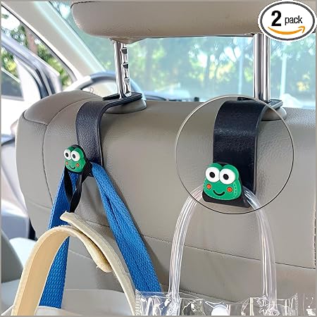 2 Pack Car Headrest Hooks, Cute Frog Car Purse Hook for Seat Back, 360° Rotation Universal Fit Car Bag Holder, Easy Inst
