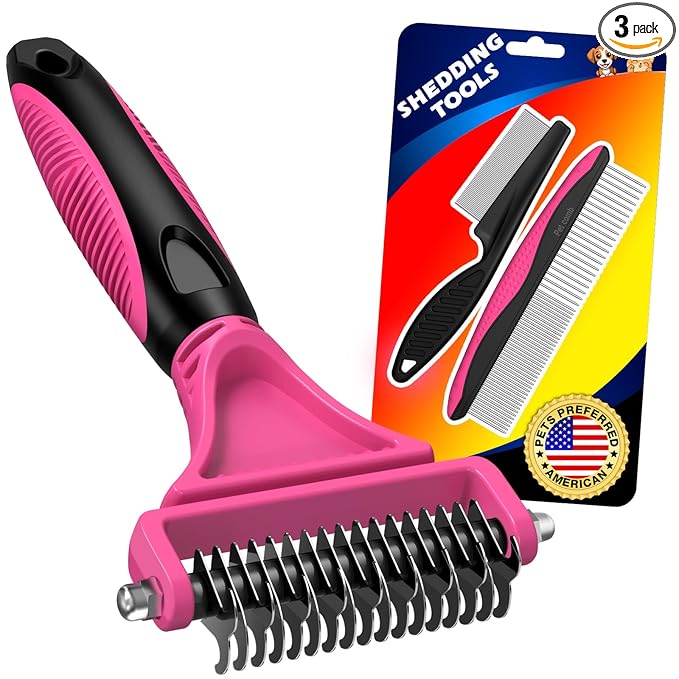 3PCS Pet Grooming Rake & Metal Comb & Flea Comb for Cats and Dogs, Double-Sided Dematting Tool, Extra-Wide Deshedding Dog Brush for Long Hair to Effectively Remove Tangles, Knots and Mats (Pink)