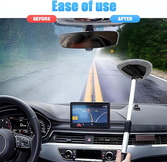 Windshield Cleaning Tool, Car Window Cleaner with Extendable Long Handle and 4 Washable Reusable Microfiber Pads, Auto Interior Exterior Glass Wiper Cleaning Kit Universal for Office and Home (Gray)