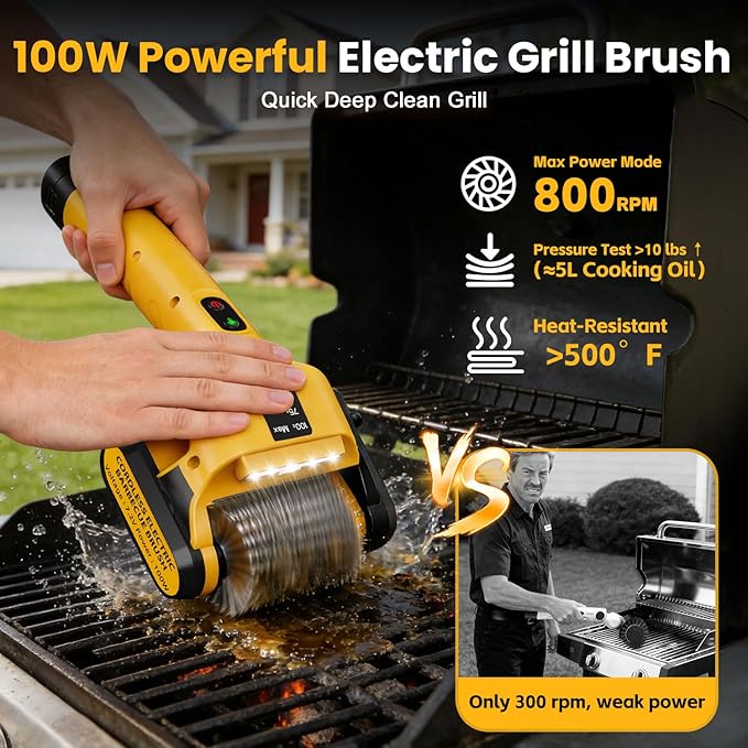 5000mAh 350 Mins Runtime Electric Rotary Grill Brush, 800RPM Powerful Outdoor Automatic Grill Cleaning Brush, 304 Stainless Steel No Bristle Shedding Cordless BBQ Cleaner