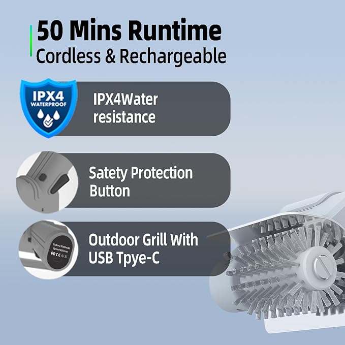 Electric Grill Brush and Cleaner - Cordless Rechargeable BBQ Cleaning Tool with Stainless Steel Removable Head, Dishwasher Safe, USB-C 4000mAh Battery for Grill Grates(Grey)