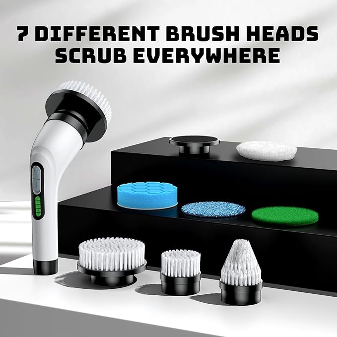 Electric Spin Scrubber for Bathroom: Shower Scrubber with Long Handle, Dual Speed Cordless Power Cleaning Scrub, 7 Brush Heads, IPX7 Waterproof Heavy Duty Cleaner Tools for Tub Tile Grout Wall