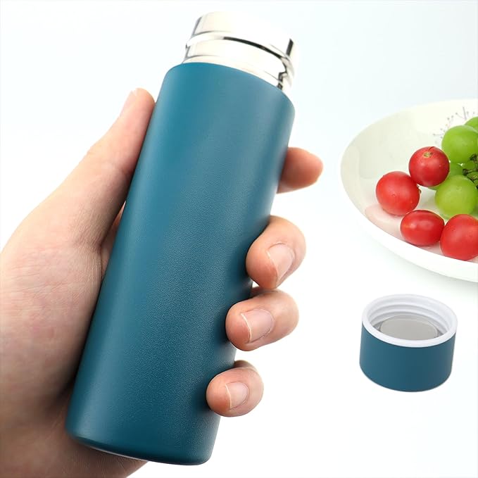 Cute Small Water Bottle, 4.4 Fl. Oz, Blue Powder Coated, Mini Slim Flask for Kids, Portable Skinny Purse Water Bottle, Vacuum Insulated Reusable Leak Proof Stainless Steel Cup