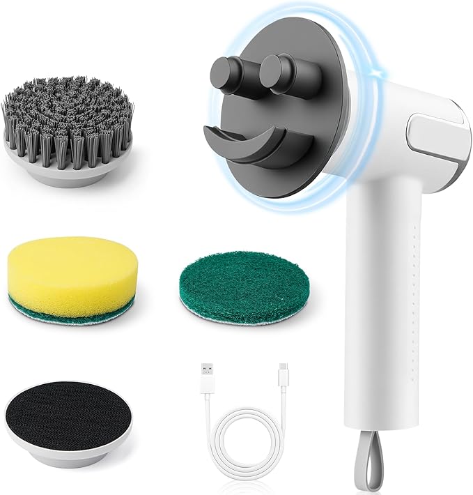 Electric Spin Scrubber Compatible with Scrub Daddy/Mommy, Coinicxcel 2-Speed Option IP7X Waterproof Smile Sponge Dish Wand Holder with 4 Replaceable Heads, Lightweight for Oven/Stove/Sink