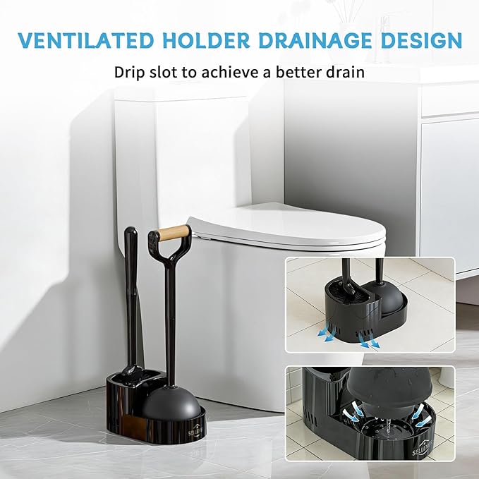 Sellemer Toilet Brush and Plunger Set, Curved Design Head for Deep Cleaning, Heavy Duty Toilet Bowl Brush and Plunger Combo with Holder for Bathroom Cleaning, Black, 1 Pack