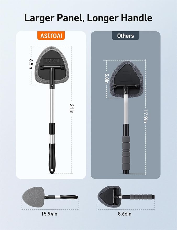 AstroAI 21" Windshield Cleaner Tool, Car Interior Detailing Cleaning Kit with Extendable Handle and 4 Upgraded High-Density Reusable Microfiber Pads, Auto Glass Wiper Brush Kit for Cars, Gray