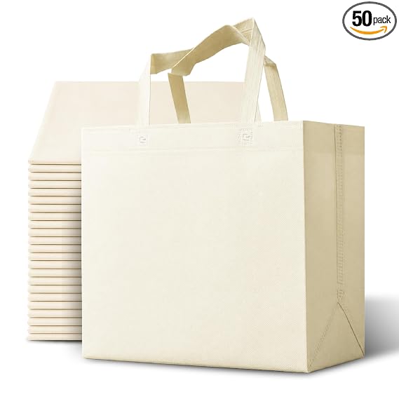 Bagways 50 Pack Reusable Grocery Bags Bulk – Large Non-Woven Shopping Bags with Handles, Foldable, Washable, Heavy Duty 