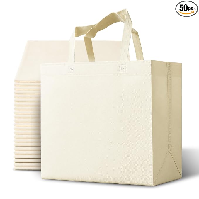 Bagways 50 Pack Reusable Grocery Bags Bulk – Large Non-Woven Shopping Bags with Handles, Foldable, Washable, Heavy Duty 