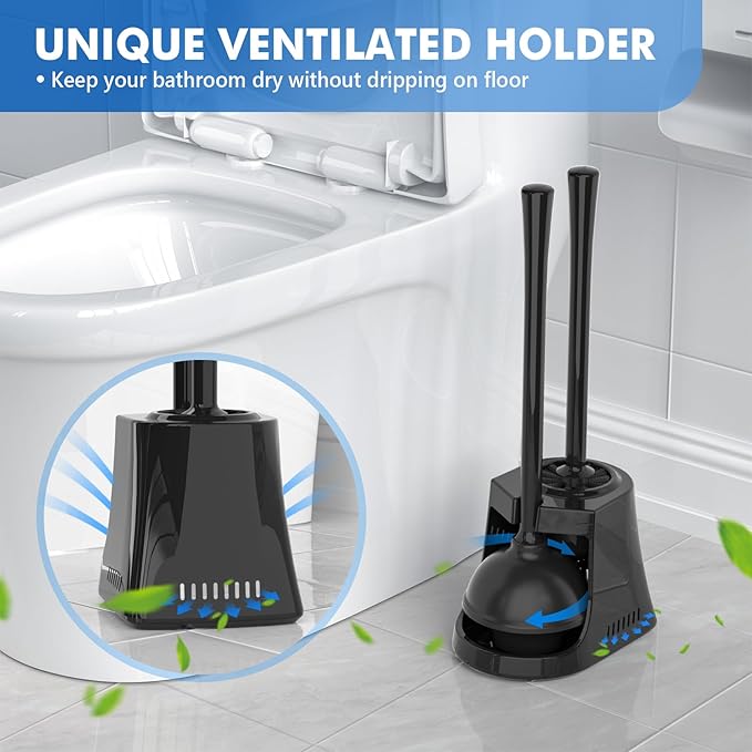 LOVLOY Toilet Plunger and Brush with Holder, Bowl Brush and Heavy Duty Toilet Plunger Set with Ventilated Holder, 2-in-1 Toilet Brush and Plunger Combo for 5.3-inch Toilet Drain New Pack (Black, 1)