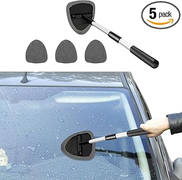 Windshield Cleaning Tool, Car Window Cleaner with Extendable Long Handle and 4 Washable Reusable Microfiber Pads, Auto I