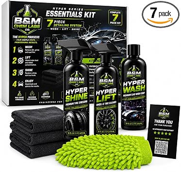 B&M Chem Labs Hyper Series Essentials Kit, 7-Piece Car Detailing System with Wash, Lift, and Shine