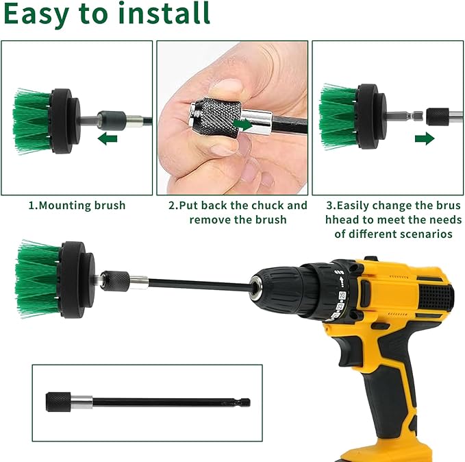 8 Pcs Drill Brush Attachment Set, Power Cleaning Scrub Brush Kit with Extend Long Attachment, All Purpose Drill Scrub Brushes for Car, Grout, Floor, Tub, Bathroom and Kitchen (Green)