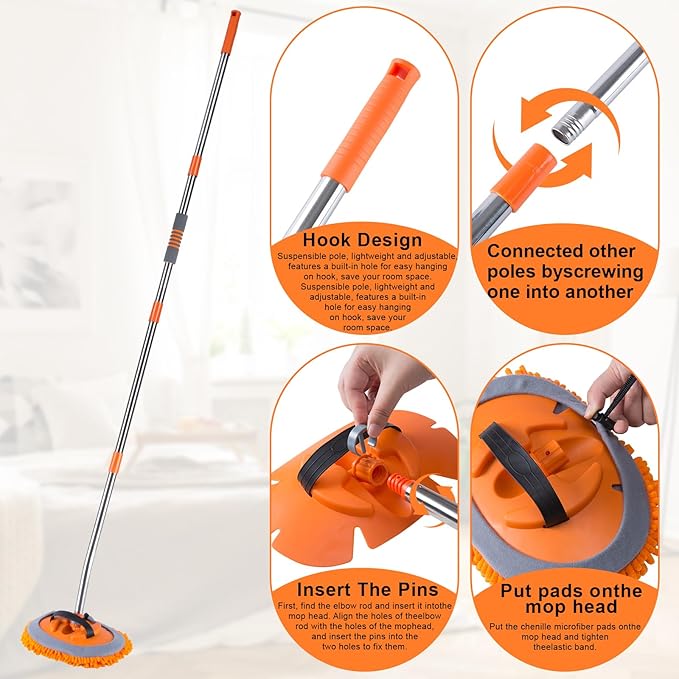Wall Cleaner Mop with 68” Long Handle,15°Labor-Saving Elbow,Multi-Surface Duster for Painted Walls,Floor,Baseboard & Windows, Includes 2 Replaceable Microfiber Chenille Pads