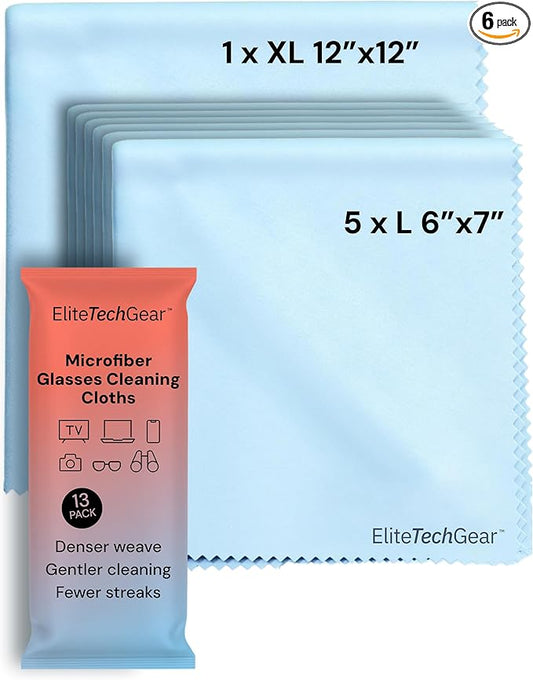 Elite Tech Gear Large Microfiber Cleaning Cloth (6-Pack) - 1-pc 12" x 12" and 5-pc 6"x7" - Glasses Cleaning Cloth for TV Screens, Camera Lenses and Tablets (Blue)