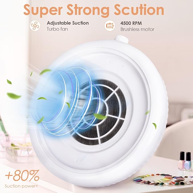 Nail Dust Collector for Nail Tech, 4500RPM Portable Nail Vacuum Fan with Adjustable Suction, 2Pcs Reusable Filter & Easy-Control for Beginners,Nail Students & Home Use, White