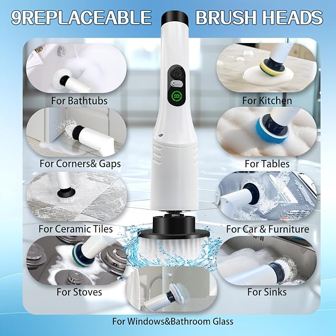 Spin Scrubber, 9-in-1 Multifunctional Electric Cleaning Brush with Detachable Handle, 9 Replaceable Brush Heads & LCD Display, Rechargeable for Bedroom, Bathroom, Kitchen, Car