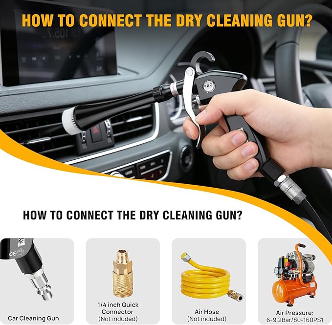 Detailing Car Cleaning Gun,6-9.2 Bar High Pressure Dry Cleaning Gun, Interior Drying Air Gun with 2 Nozzles & Rotating Plastic Hose for Quickly Blowing Out Dirt &Dust with Air Flow