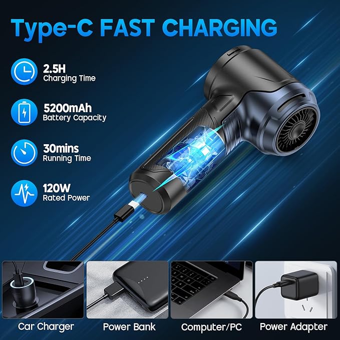 JONYJ Handheld Car Vacuum Cleaner, 16000PA Hand Held Vacuum Portable Cordless, 2 in 1 Air Duster and Vacuum Cleaner with LED Light, Multi-Nozzles, 120W High Power Mini Vacuum for Home, Pet, Office