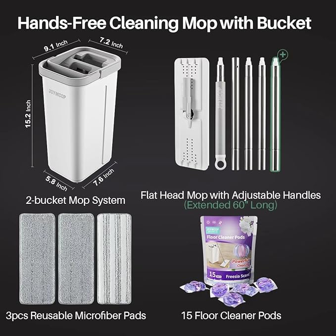 JOYMOOP Flat Mop System, Mop and Bucket Set, White, Commercial & Household Floor Cleaning Mop with Freesia Scent Cleaning Pods, Includes 3 Reusable Microfiber Pads and 15 Detergent Pods