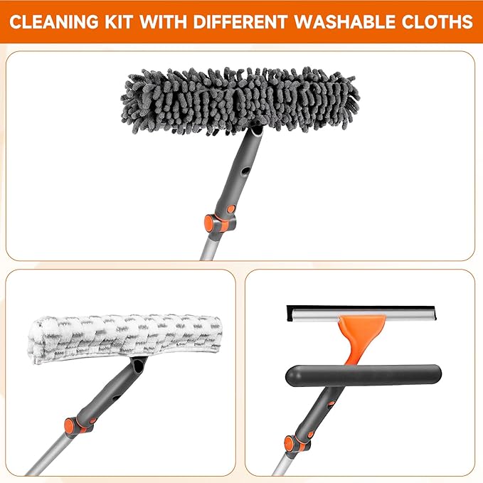 Chabatree Window Squeegee Cleaner Set 2-in-1 Window Cleaning Tool with Extendable Pole, Window Cleaning kit with Bendable Head for Indoor & Outdoor Glass for Car Indoor Outdoor High Windows