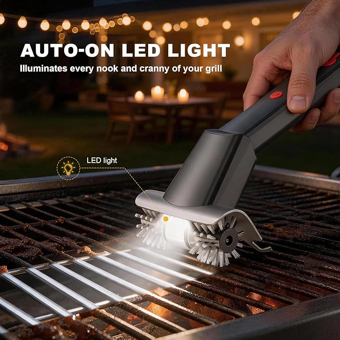 Electric Grill Brush, Cordless Rechargeable Grill Cleaner with LED Light & Water Spray, BBQ Cleaning Brush with 2 Speeds, 304 Stainless Steel Heat Resistant Grill Brush for Outdoor Camping & Grilling